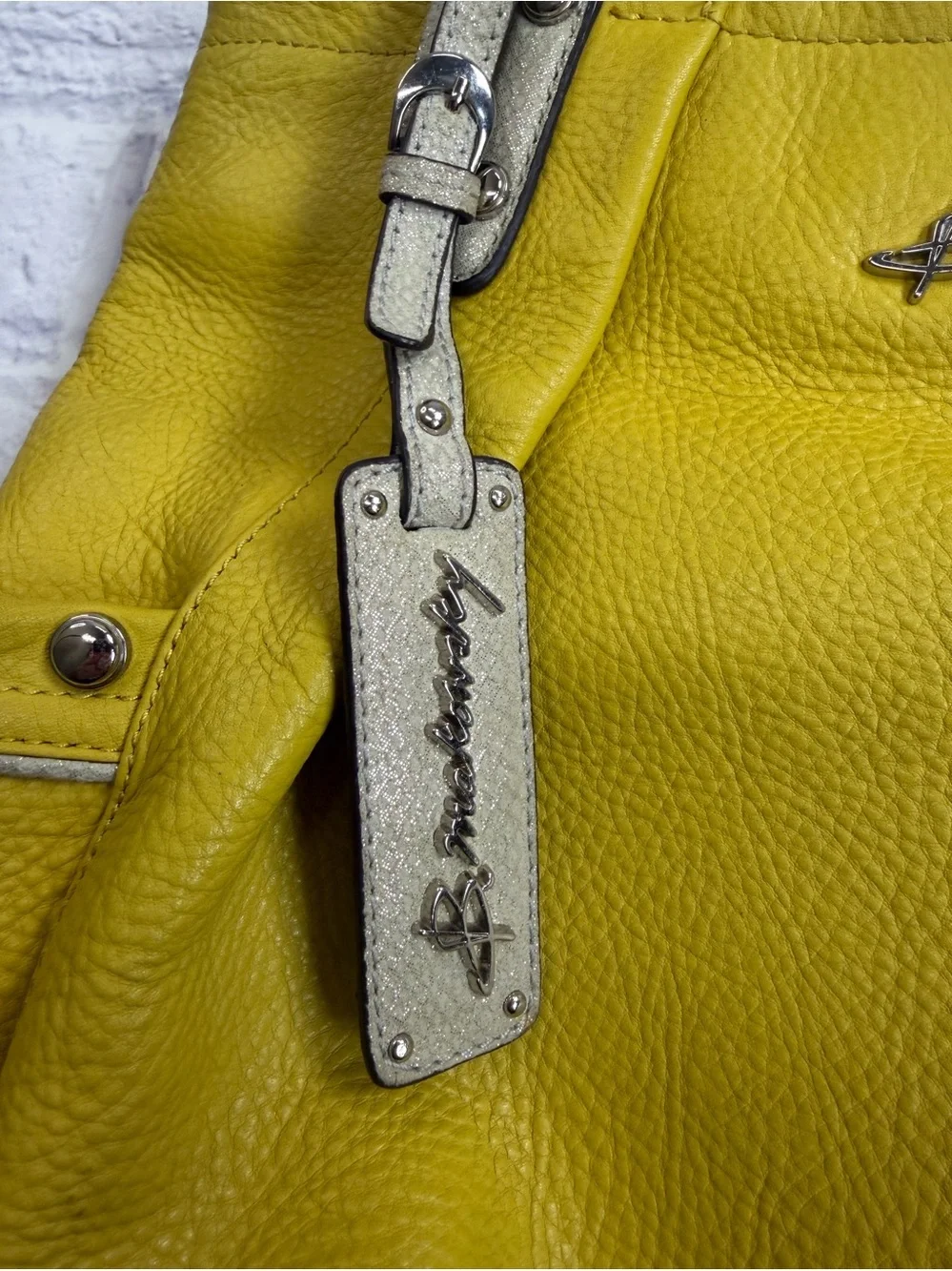 b. makowsky Yellow Pebbled Leather Tote with Neutral Trim